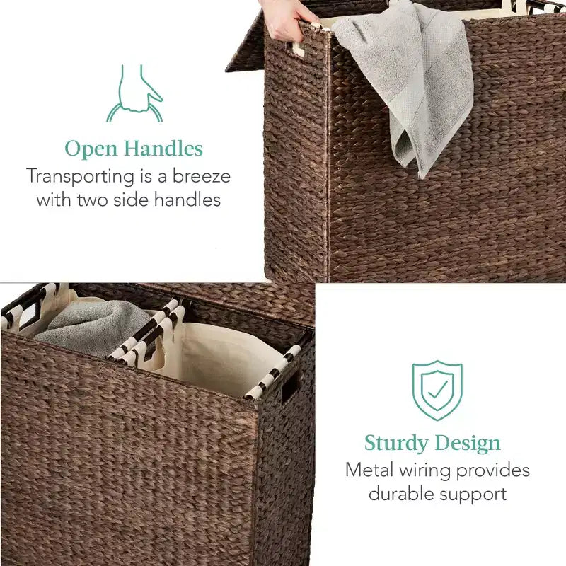 Cesto doble de ropa sucia grande de jacinto de agua natural Best Choice Products con 2 bolsas interiores y asas