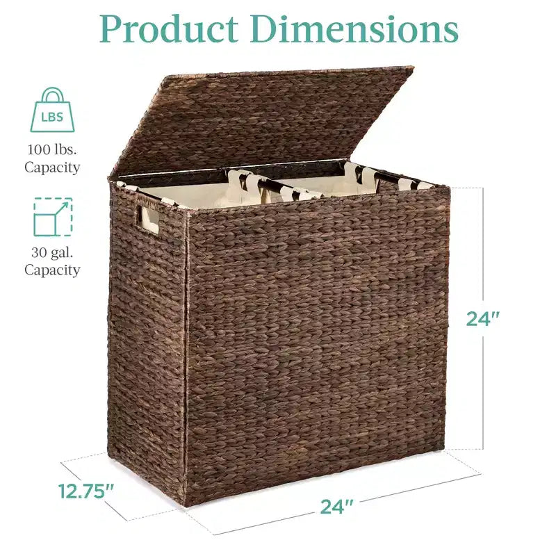 Cesto doble de ropa sucia grande de jacinto de agua natural Best Choice Products con 2 bolsas interiores y asas