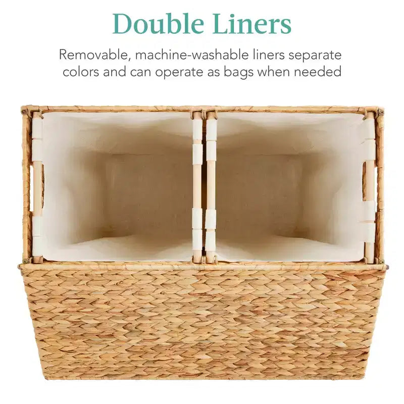 Cesto doble de ropa sucia grande de jacinto de agua natural Best Choice Products con 2 bolsas interiores y asas