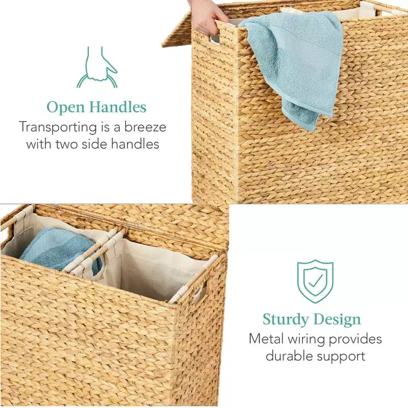 Cesto doble de ropa sucia grande de jacinto de agua natural Best Choice Products con 2 bolsas interiores y asas
