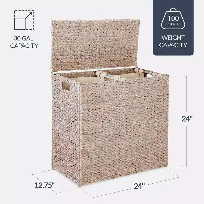 Cesto doble de ropa sucia grande de jacinto de agua natural Best Choice Products con 2 bolsas interiores y asas