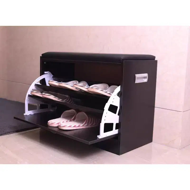 Banco zapatero Basicwise con cojín de cuero, diseño clásico de madera negra para entrada, doble zapatero oculto plegable, fácil montaje, asiento cómodo