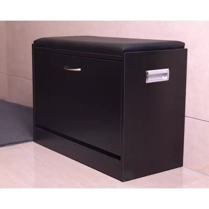 Banco zapatero Basicwise con cojín de cuero, diseño clásico de madera negra para entrada, doble zapatero oculto plegable, fácil montaje, asiento cómodo