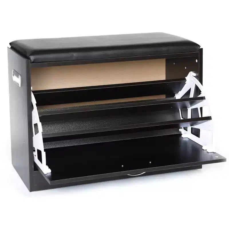 Banco zapatero Basicwise con cojín de cuero, diseño clásico de madera negra para entrada, doble zapatero oculto plegable, fácil montaje, asiento cómodo