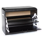 Banco zapatero Basicwise con cojín de cuero, diseño clásico de madera negra para entrada, doble zapatero oculto plegable, fácil montaje, asiento cómodo