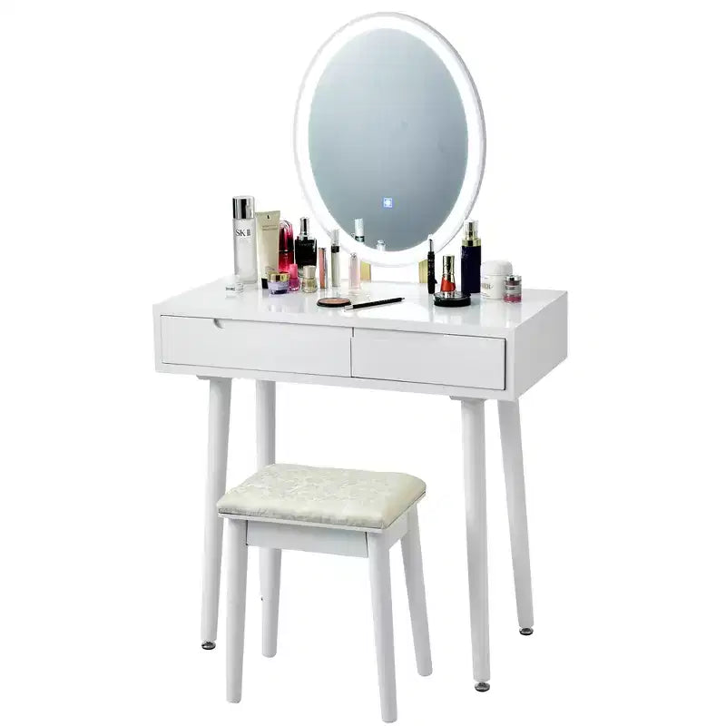 Costway Tocador de Maquillaje con Pantalla Táctil y 3 Modos de Iluminación, Juego de Tocador y Taburete Blanco/Negro/Gris