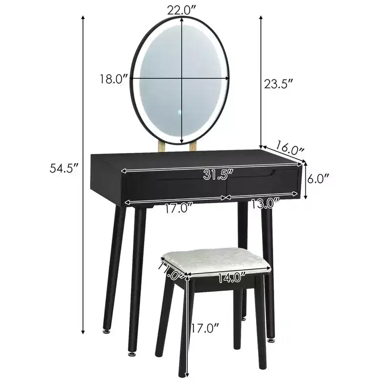 Costway Tocador de Maquillaje con Pantalla Táctil y 3 Modos de Iluminación, Juego de Tocador y Taburete Blanco/Negro/Gris