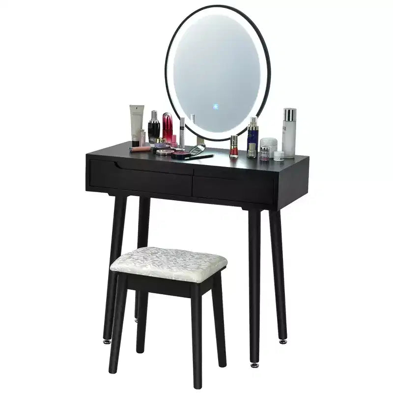Costway Tocador de Maquillaje con Pantalla Táctil y 3 Modos de Iluminación, Juego de Tocador y Taburete Blanco/Negro/Gris