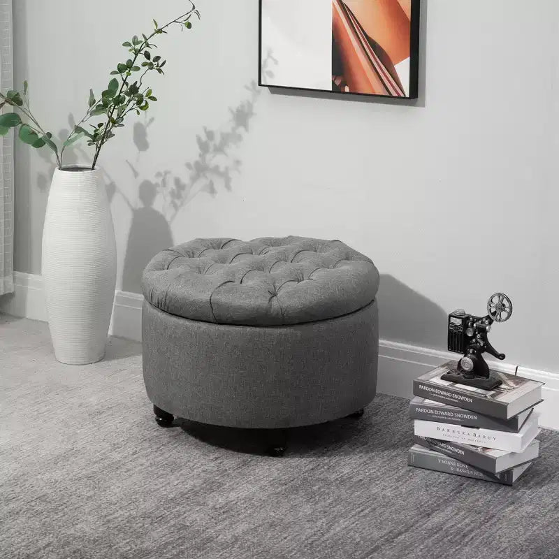 HOMCOM Taburete Otomano Redondo de Tela con Tacto de Lino y Botones, Reposapiés con Tapa Extraíble para Salón, Entrada o Dormitorio, Gris