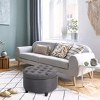 HOMCOM Taburete Otomano Redondo de Tela con Tacto de Lino y Botones, Reposapiés con Tapa Extraíble para Salón, Entrada o Dormitorio, Gris