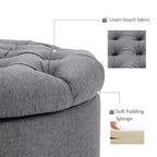 HOMCOM Taburete Otomano Redondo de Tela con Tacto de Lino y Botones, Reposapiés con Tapa Extraíble para Salón, Entrada o Dormitorio, Gris