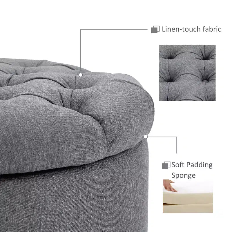 HOMCOM Taburete Otomano Redondo de Tela con Tacto de Lino y Botones, Reposapiés con Tapa Extraíble para Salón, Entrada o Dormitorio, Gris