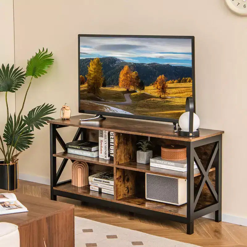 Mueble de TV Costway Centro de entretenimiento multimedia para televisores de hasta 55'' con estantes de almacenamiento Marrón/Gris/Blanco