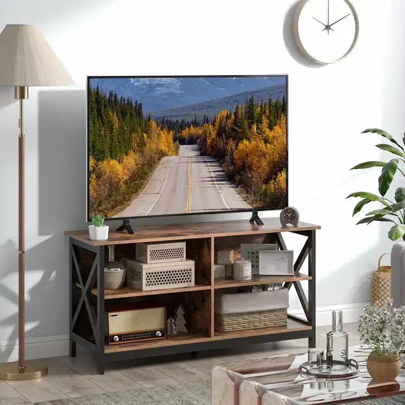 Mueble de TV Costway Centro de entretenimiento multimedia para televisores de hasta 55'' con estantes de almacenamiento Marrón/Gris/Blanco