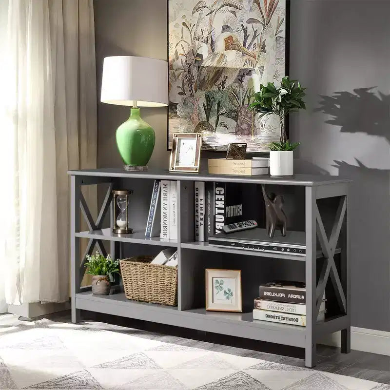 Mueble de TV Costway Centro de entretenimiento multimedia para televisores de hasta 55'' con estantes de almacenamiento Marrón/Gris/Blanco