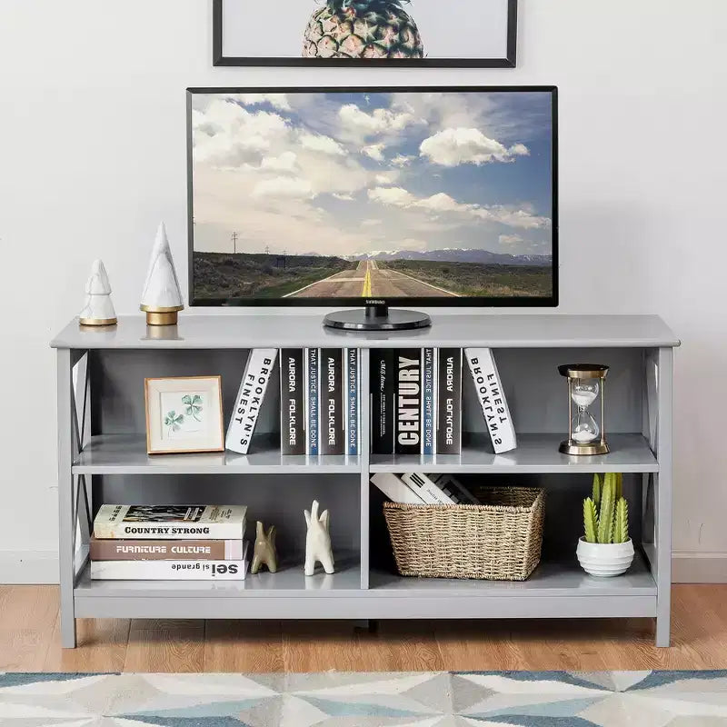 Mueble de TV Costway Centro de entretenimiento multimedia para televisores de hasta 55'' con estantes de almacenamiento Marrón/Gris/Blanco