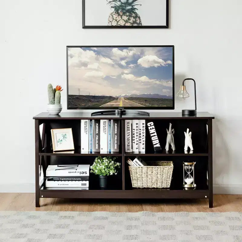 Mueble de TV Costway Centro de entretenimiento multimedia para televisores de hasta 55'' con estantes de almacenamiento Marrón/Gris/Blanco