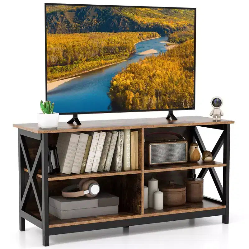 Mueble de TV Costway Centro de entretenimiento multimedia para televisores de hasta 55'' con estantes de almacenamiento Marrón/Gris/Blanco
