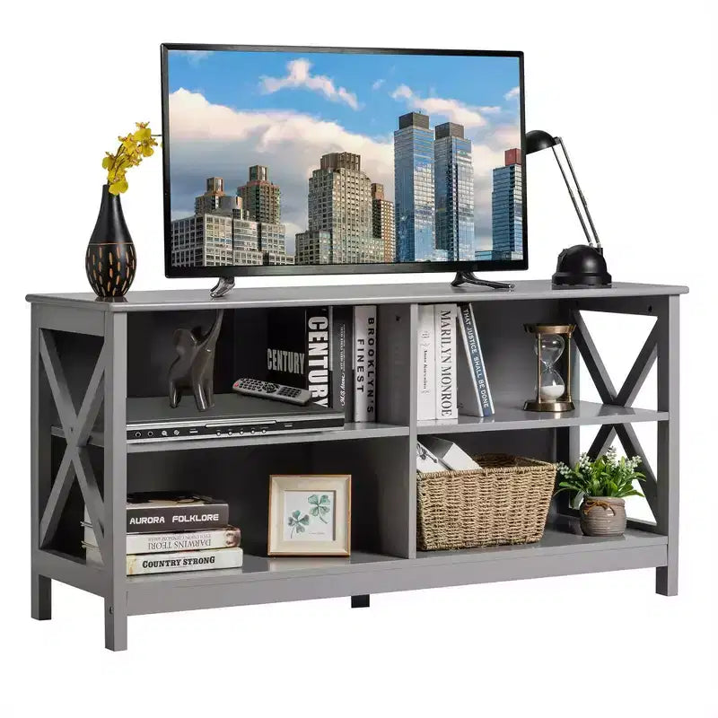 Mueble de TV Costway Centro de entretenimiento multimedia para televisores de hasta 55'' con estantes de almacenamiento Marrón/Gris/Blanco