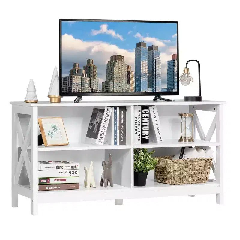 Mueble de TV Costway Centro de entretenimiento multimedia para televisores de hasta 55'' con estantes de almacenamiento Marrón/Gris/Blanco