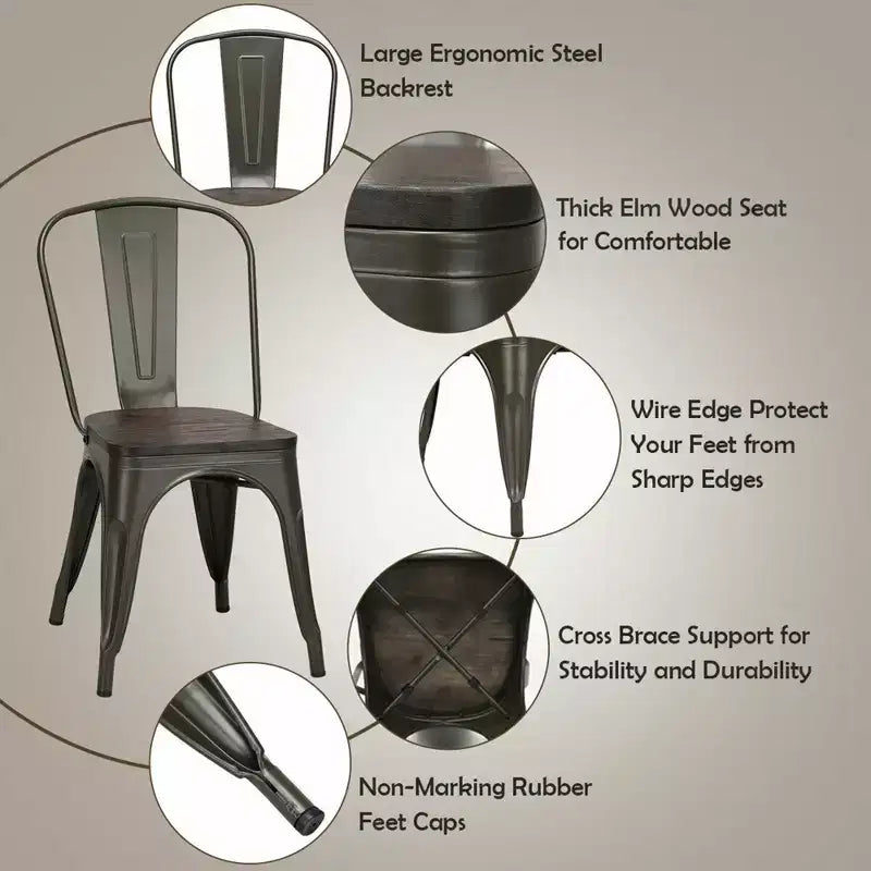 Costway Juego de 4 sillas de comedor modernas de metal con asiento de madera, apilables, para bistró y cafetería