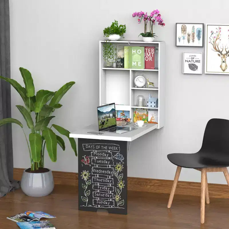 HOMCOM Escritorio Plegable de Pared con Pizarra, Escritorio Flotante Convertible Plegable con Estantes, Blanco