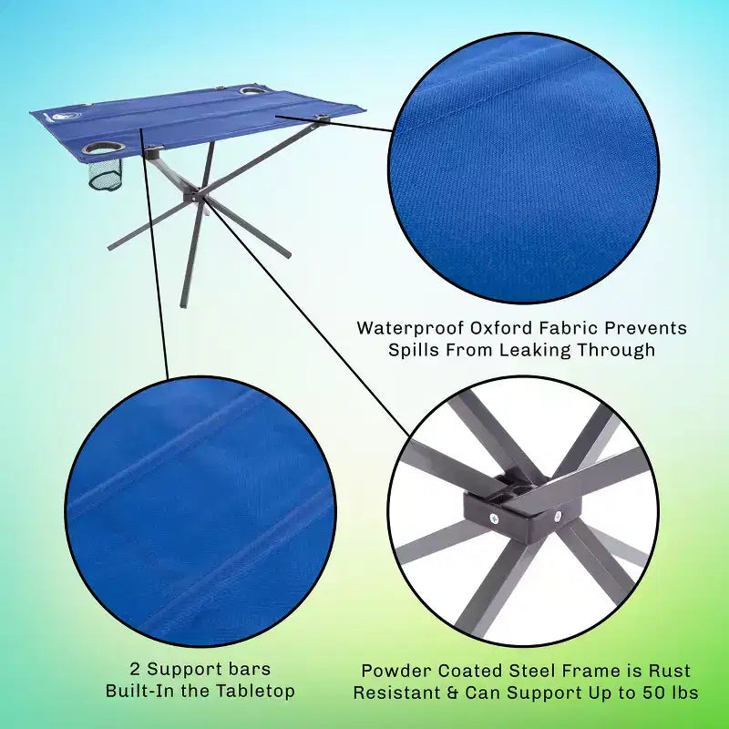Mesa de camping - Mesa plegable para exteriores con 2 portavasos y bolsa de transporte - Para camping, senderismo, playa, picnic o eventos deportivos de Leisure Sports (Azul)