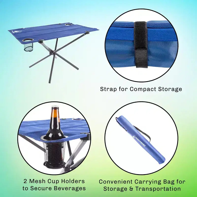 Mesa de camping - Mesa plegable para exteriores con 2 portavasos y bolsa de transporte - Para camping, senderismo, playa, picnic o eventos deportivos de Leisure Sports (Azul)