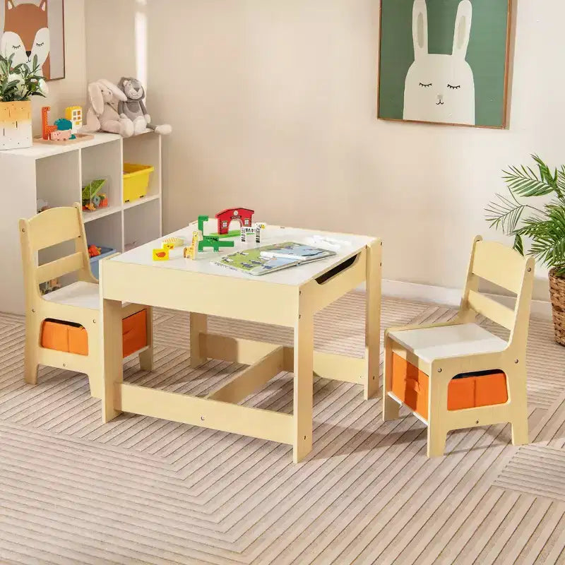 Juego de mesa y sillas infantiles Costway con cajas de almacenamiento, pizarra y tablero de dibujo, gris natural