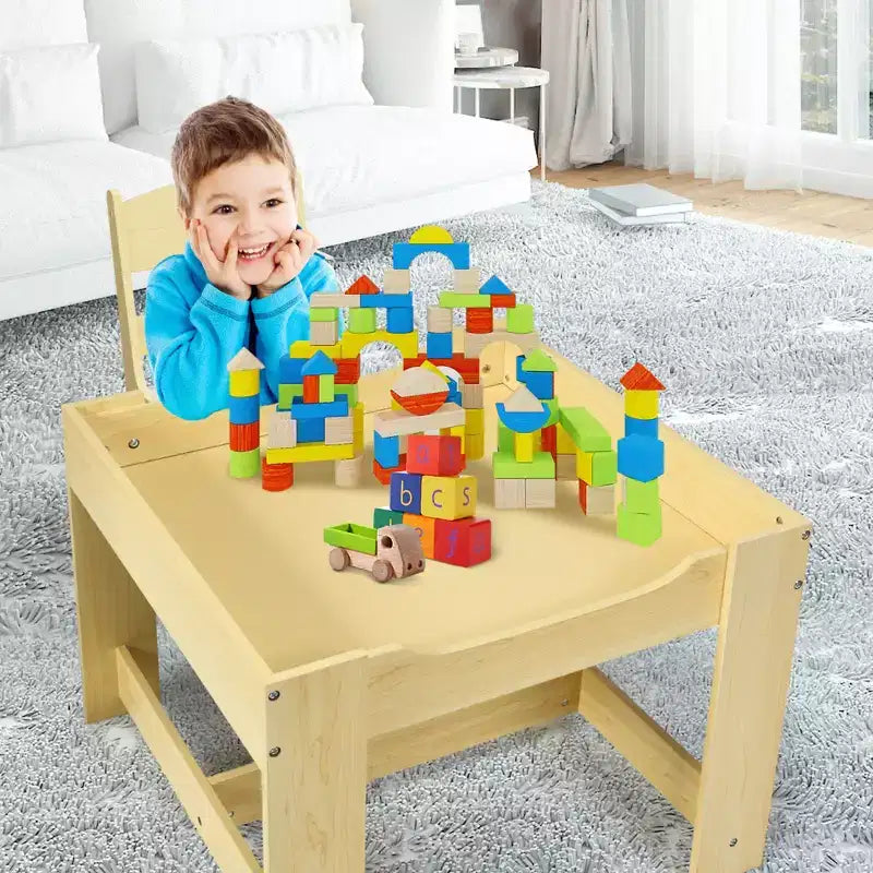 Juego de mesa y sillas infantiles Costway con cajas de almacenamiento, pizarra y tablero de dibujo, gris natural
