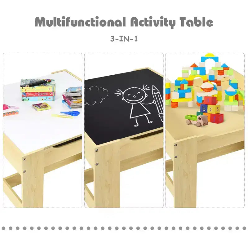 Juego de mesa y sillas infantiles Costway con cajas de almacenamiento, pizarra y tablero de dibujo, gris natural
