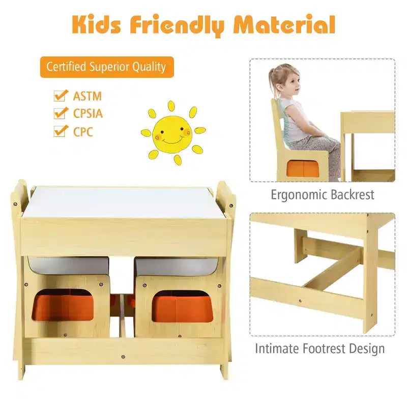 Juego de mesa y sillas infantiles Costway con cajas de almacenamiento, pizarra y tablero de dibujo, gris natural