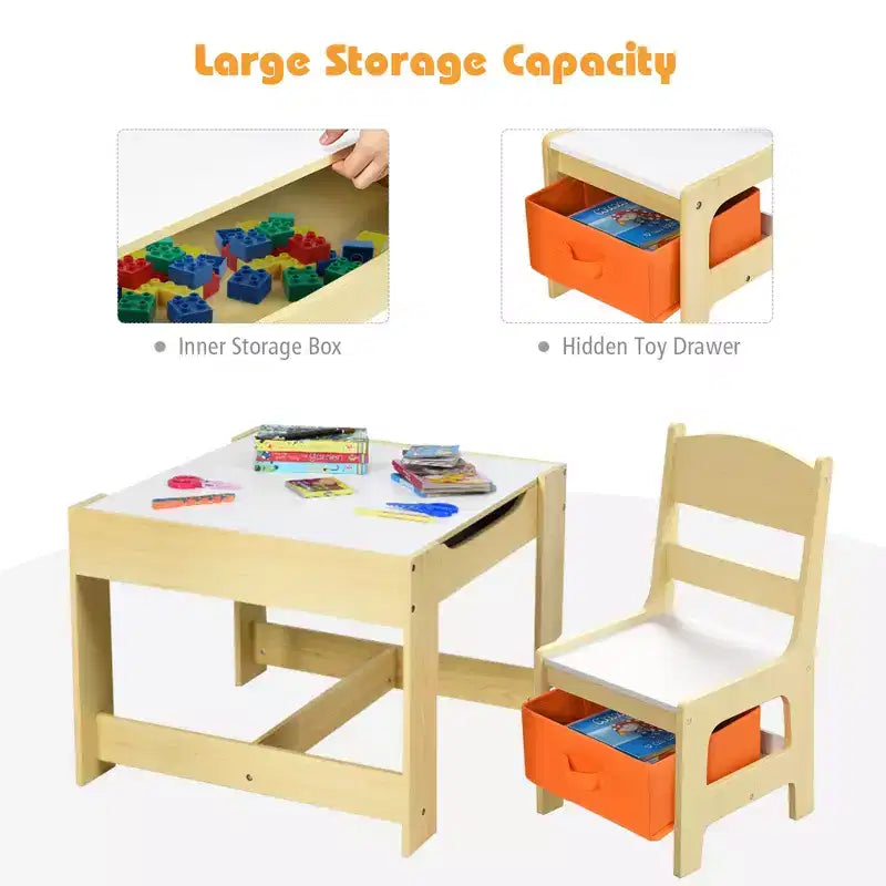 Juego de mesa y sillas infantiles Costway con cajas de almacenamiento, pizarra y tablero de dibujo, gris natural