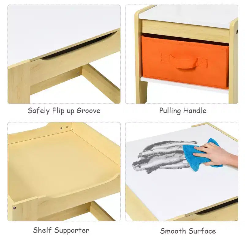 Juego de mesa y sillas infantiles Costway con cajas de almacenamiento, pizarra y tablero de dibujo, gris natural