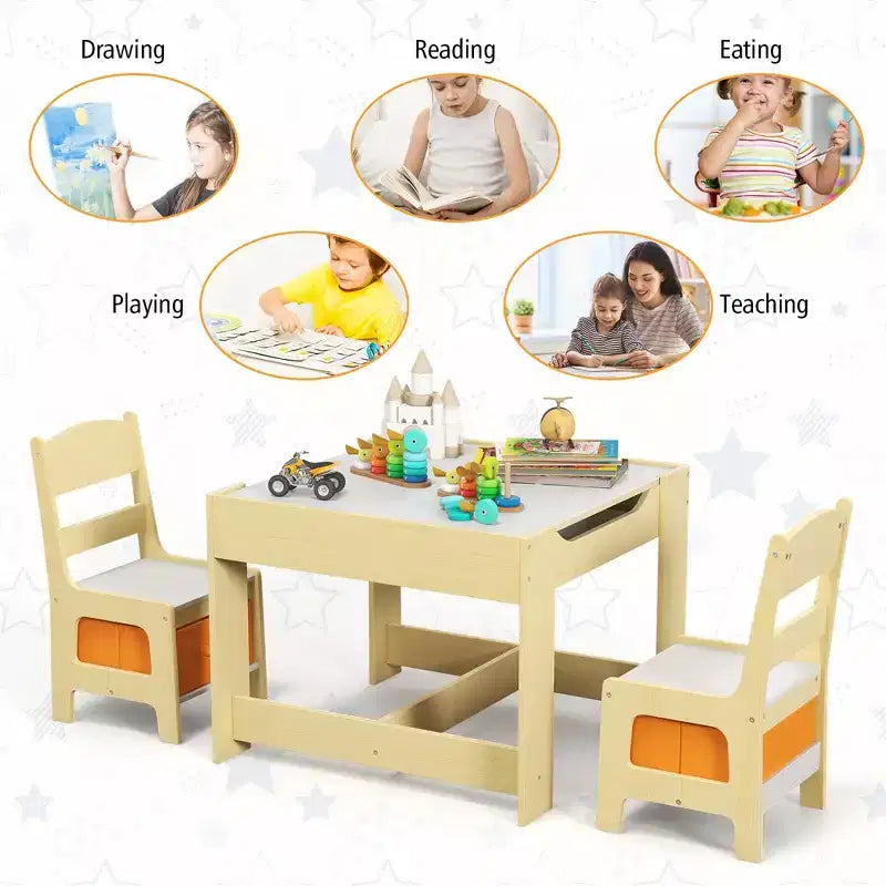 Juego de mesa y sillas infantiles Costway con cajas de almacenamiento, pizarra y tablero de dibujo, gris natural