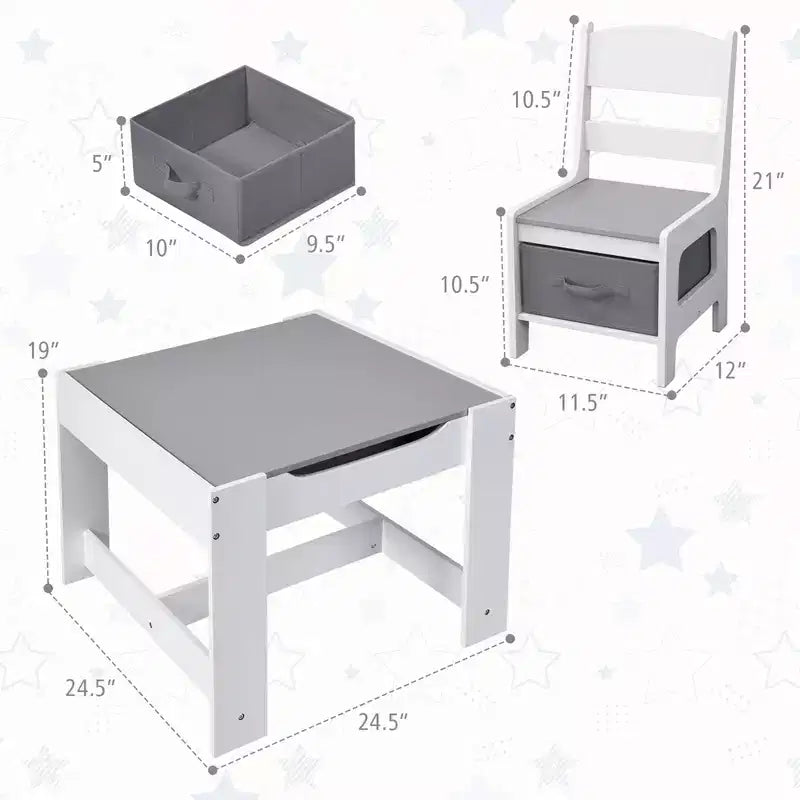 Juego de mesa y sillas infantiles Costway con cajas de almacenamiento, pizarra y tablero de dibujo, gris natural
