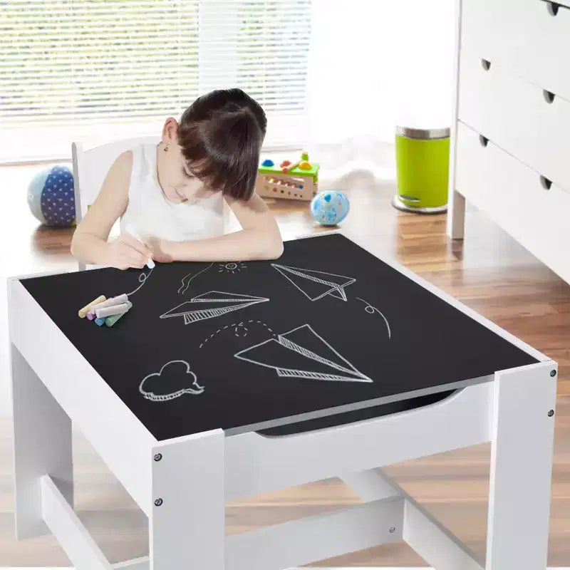 Juego de mesa y sillas infantiles Costway con cajas de almacenamiento, pizarra y tablero de dibujo, gris natural