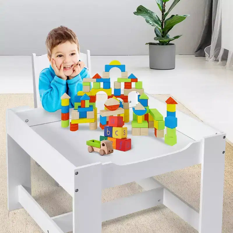 Juego de mesa y sillas infantiles Costway con cajas de almacenamiento, pizarra y tablero de dibujo, gris natural