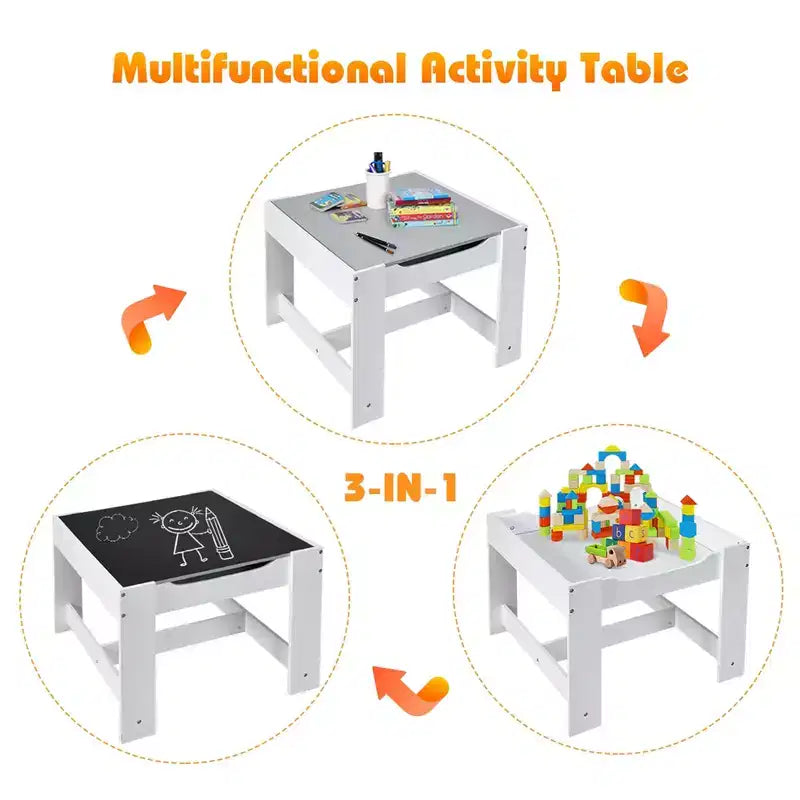 Juego de mesa y sillas infantiles Costway con cajas de almacenamiento, pizarra y tablero de dibujo, gris natural