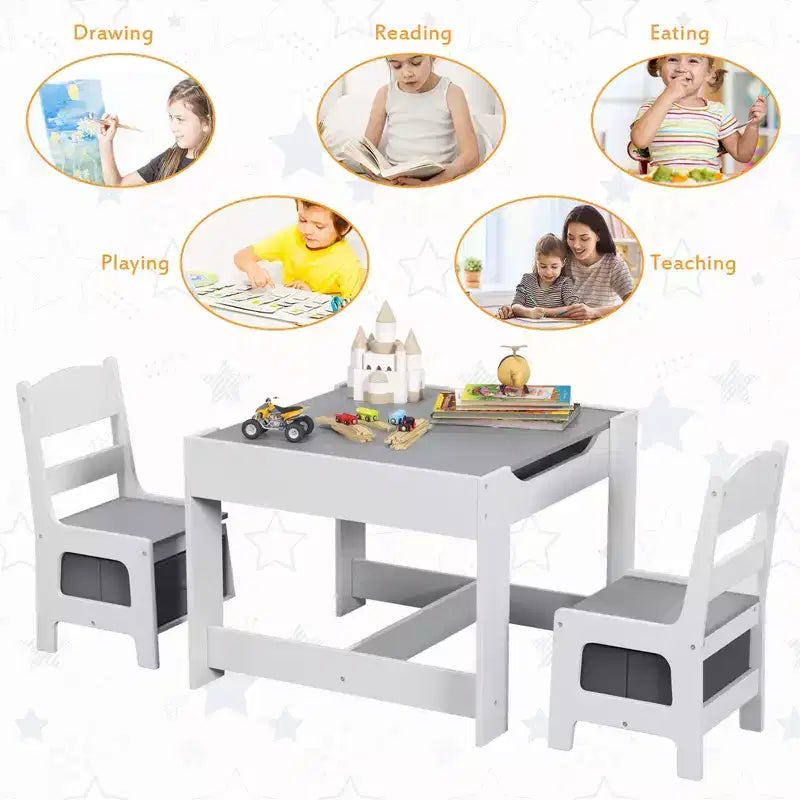 Juego de mesa y sillas infantiles Costway con cajas de almacenamiento, pizarra y tablero de dibujo, gris natural