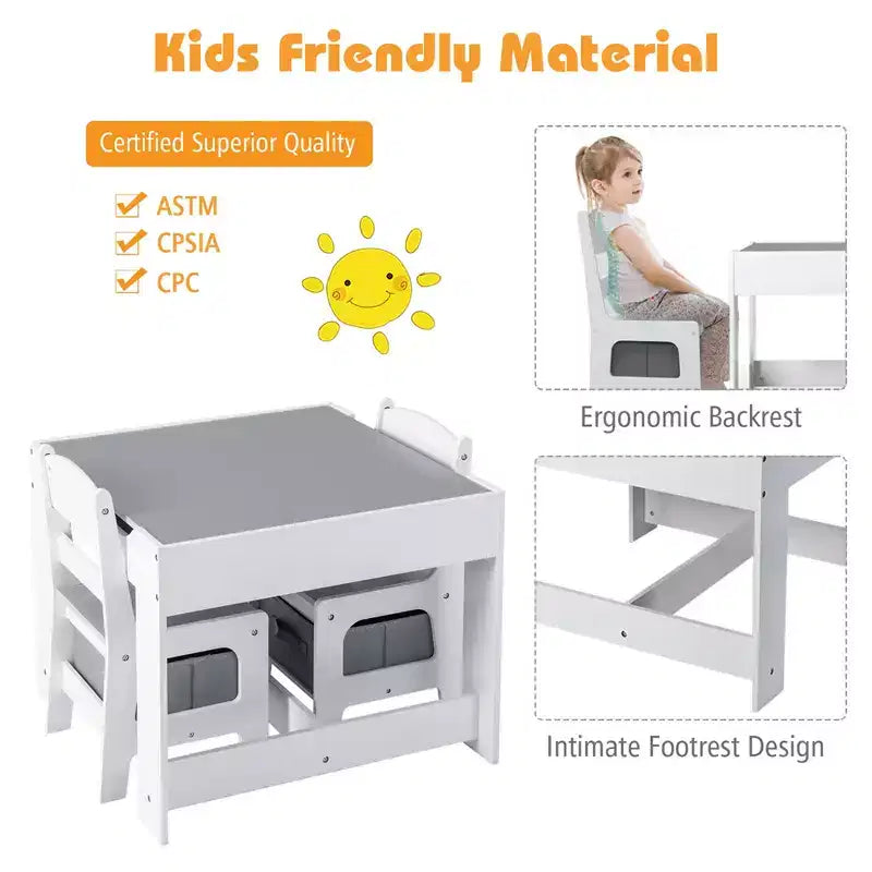 Juego de mesa y sillas infantiles Costway con cajas de almacenamiento, pizarra y tablero de dibujo, gris natural