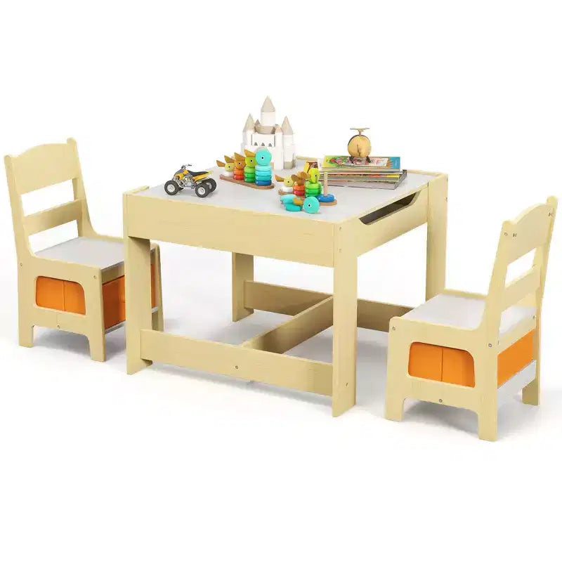 Juego de mesa y sillas infantiles Costway con cajas de almacenamiento, pizarra y tablero de dibujo, gris natural