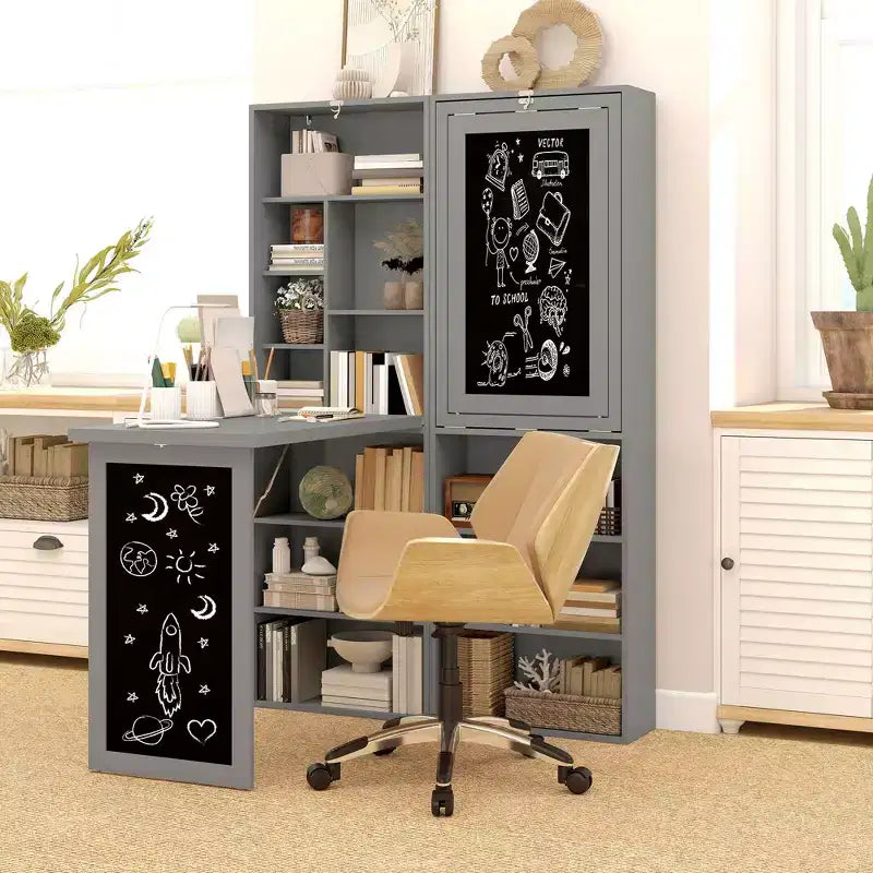 HOMCOM Mesa de Escritorio Plegable Convertiblet, Armario de Escritorio de Pared con Pizarra y Estante Lateral, Estación de Trabajo de Oficina en Casa Multifuncional