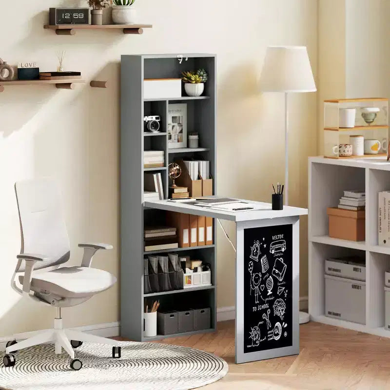 HOMCOM Mesa de Escritorio Plegable Convertiblet, Armario de Escritorio de Pared con Pizarra y Estante Lateral, Estación de Trabajo de Oficina en Casa Multifuncional