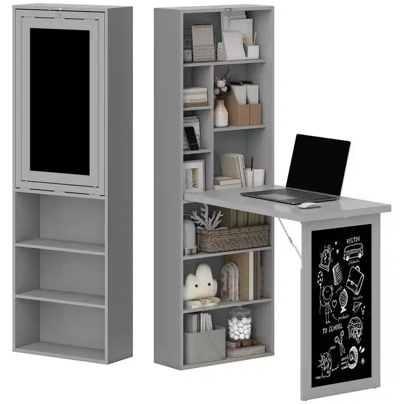 HOMCOM Mesa de Escritorio Plegable Convertiblet, Armario de Escritorio de Pared con Pizarra y Estante Lateral, Estación de Trabajo de Oficina en Casa Multifuncional
