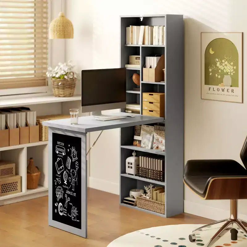 HOMCOM Mesa de Escritorio Plegable Convertiblet, Armario de Escritorio de Pared con Pizarra y Estante Lateral, Estación de Trabajo de Oficina en Casa Multifuncional