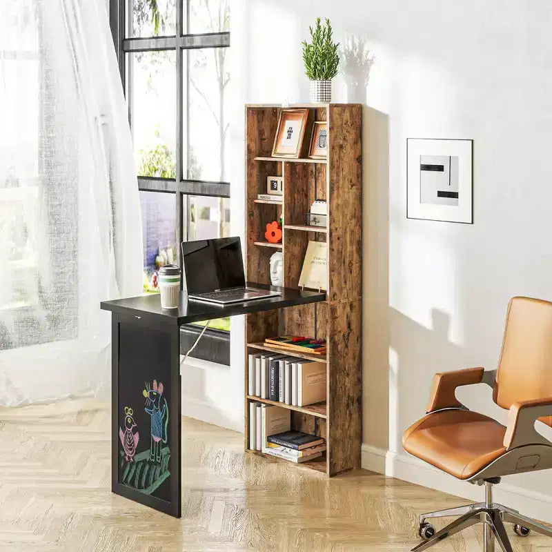 HOMCOM Mesa de Escritorio Plegable Convertiblet, Armario de Escritorio de Pared con Pizarra y Estante Lateral, Estación de Trabajo de Oficina en Casa Multifuncional