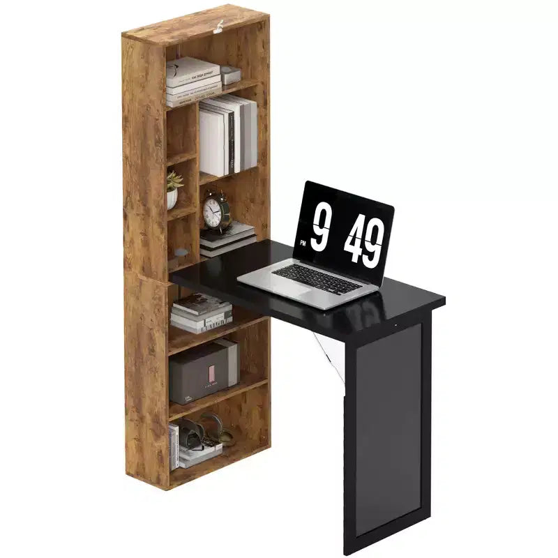 HOMCOM Mesa de Escritorio Plegable Convertiblet, Armario de Escritorio de Pared con Pizarra y Estante Lateral, Estación de Trabajo de Oficina en Casa Multifuncional