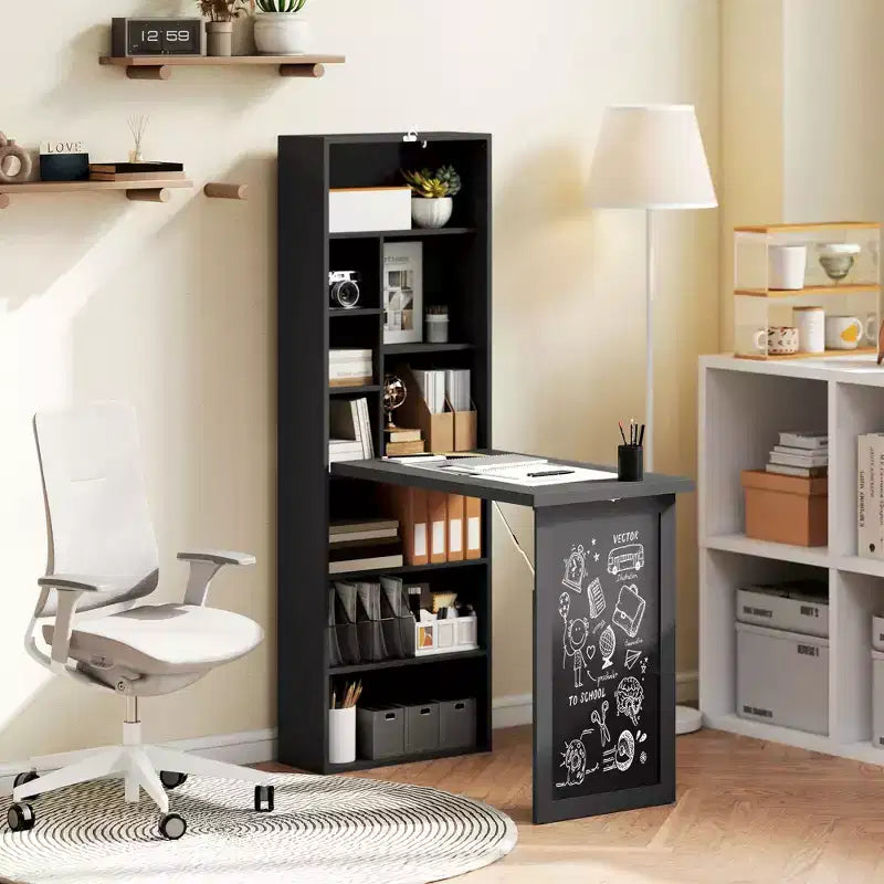 HOMCOM Mesa de Escritorio Plegable Convertiblet, Armario de Escritorio de Pared con Pizarra y Estante Lateral, Estación de Trabajo de Oficina en Casa Multifuncional