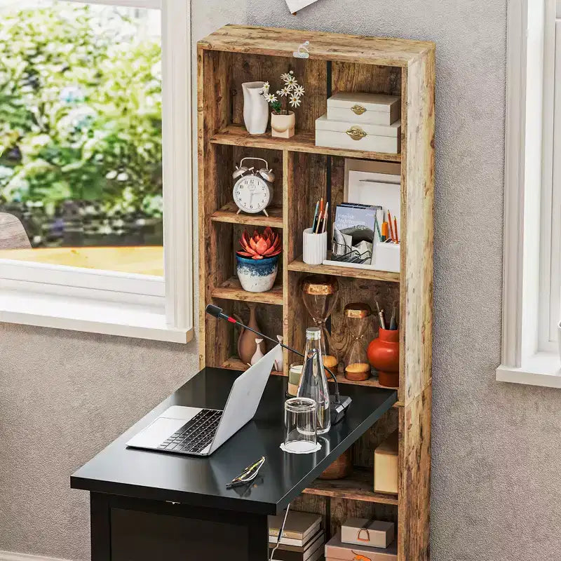 HOMCOM Mesa de Escritorio Plegable Convertiblet, Armario de Escritorio de Pared con Pizarra y Estante Lateral, Estación de Trabajo de Oficina en Casa Multifuncional